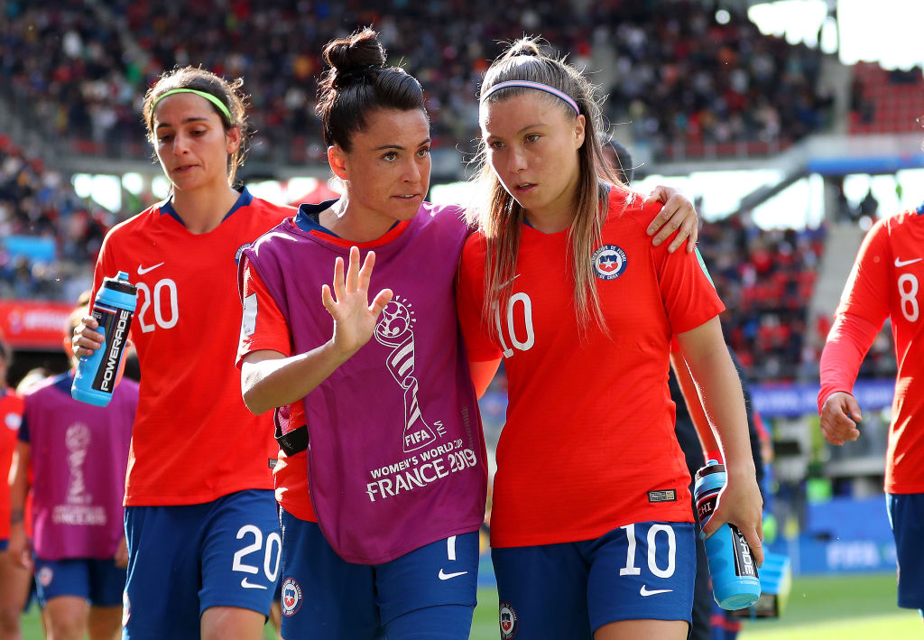 aria Jose Rojas of Chile speaks with Yanara Aedo of Chile at half time during the 2019 FIFA Women's World Cup France group F match between Chile and Sweden